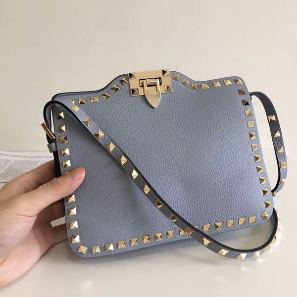 Valentino Garavani Rockstud Cross Body Bag in Sky Blue Stampa Alce Calfskin Gold Studs and Metal Hardwares For Sale