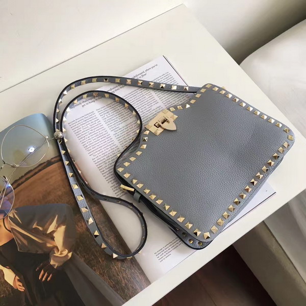 Valentino Garavani Rockstud Cross Body Bag in Sky Blue Stampa Alce Calfskin Gold Studs and Metal Hardwares For Sale