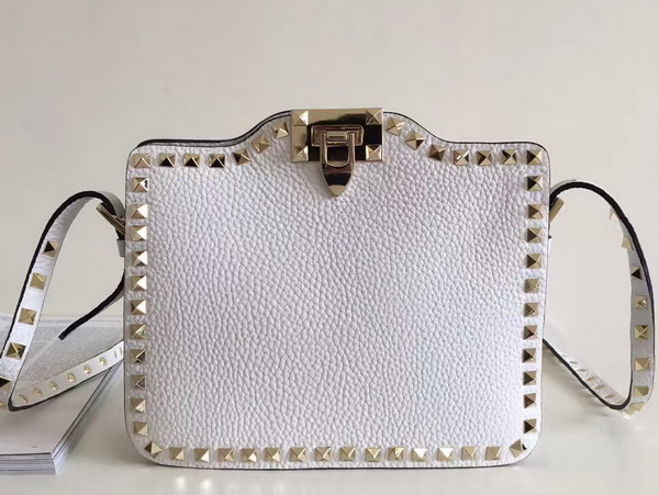 Valentino Garavani Rockstud Cross Body Bag in White Stampa Alce Calfskin Gold Studs and Metal Hardwares For Sale