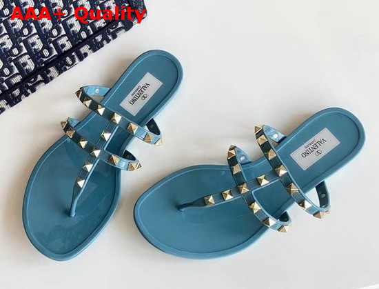 Valentino Garavani Rockstud Flat Rubber Sandal in Blue Replica