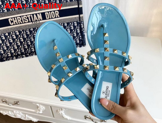 Valentino Garavani Rockstud Flat Rubber Sandal in Blue Replica