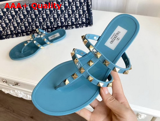 Valentino Garavani Rockstud Flat Rubber Sandal in Blue Replica