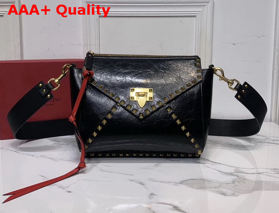 Valentino Garavani Rockstud Hype Shoulder Bag in Black Crackled Calfskin Replica