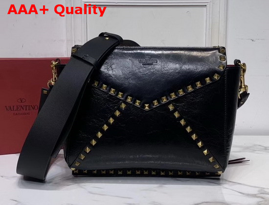 Valentino Garavani Rockstud Hype Shoulder Bag in Black Crackled Calfskin Replica