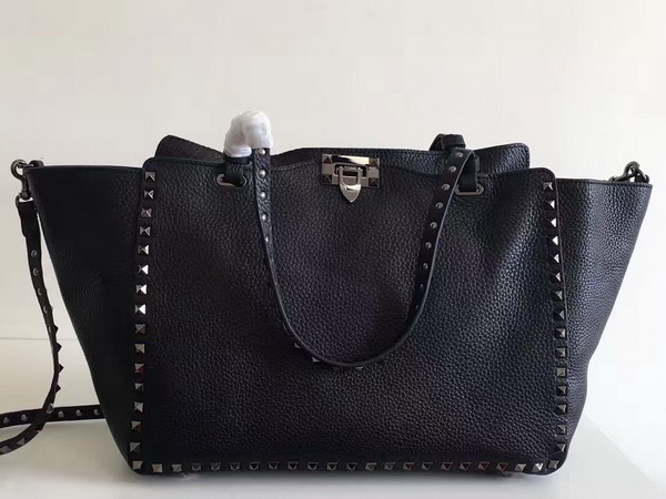 Valentino Garavani Rockstud Medium Tote in Black Stampa Alce Textured Calfskin Gun Metal Studs and Hardware For Sale