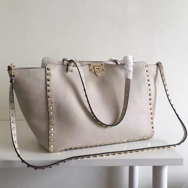 Valentino Garavani Rockstud Medium Tote in Ivory Stampa Alce Textured Calfskin Platinum Finish Metal Studs and Hardware For Sale