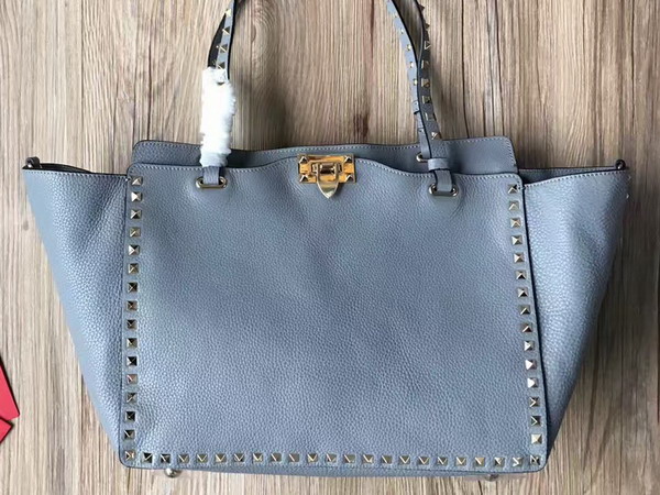 Valentino Garavani Rockstud Medium Tote in Light Blue Stampa Alce Textured Calfskin Platinum Finish Metal Studs and Hardware For Sale