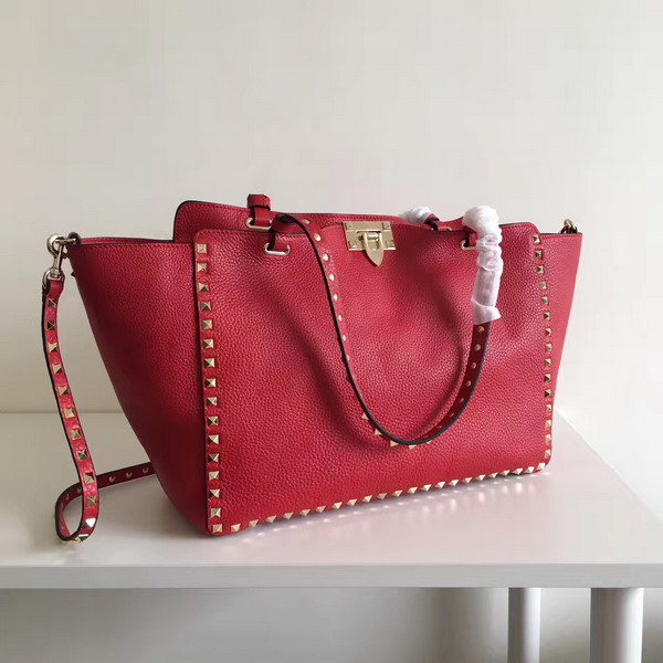 Valentino Garavani Rockstud Medium Tote in Red Stampa Alce Textured Calfskin Platinum Finish Metal Studs and Hardware For Sale