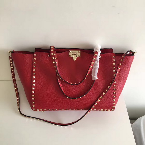 Valentino Garavani Rockstud Medium Tote in Red Stampa Alce Textured Calfskin Platinum Finish Metal Studs and Hardware For Sale