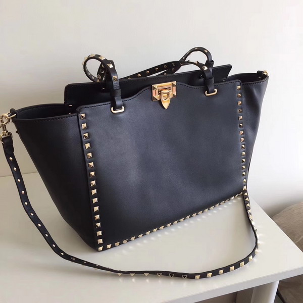 Valentino Garavani Rockstud Medium Trapeze Tote in Black Smooth Calfskin with Gold Hardwares Replica