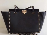 Valentino Garavani Rockstud Medium Trapeze Tote in Black Smooth Calfskin with Gold Hardwares Replica