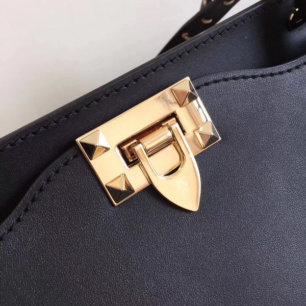 Valentino Garavani Rockstud Medium Trapeze Tote in Black Smooth Calfskin with Gold Hardwares Replica