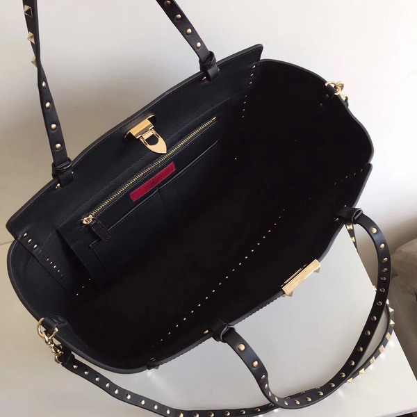 Valentino Garavani Rockstud Medium Trapeze Tote in Black Smooth Calfskin with Gold Hardwares Replica