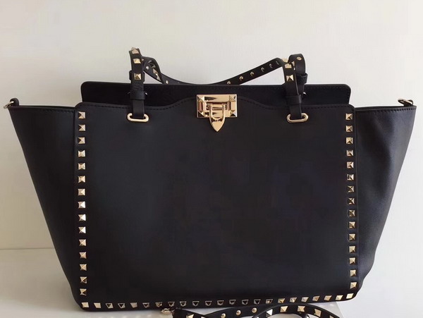 Valentino Garavani Rockstud Medium Trapeze Tote in Black Smooth Calfskin with Gold Hardwares Replica