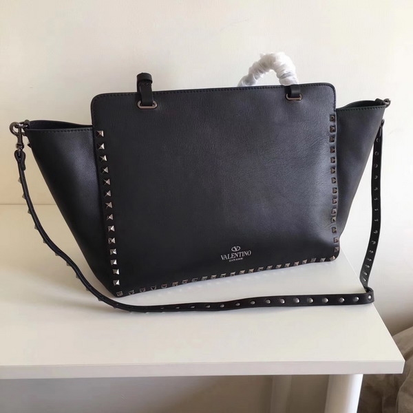 Valentino Garavani Rockstud Medium Trapeze Tote in Black Smooth Calfskin with Silver Hardwares Replica