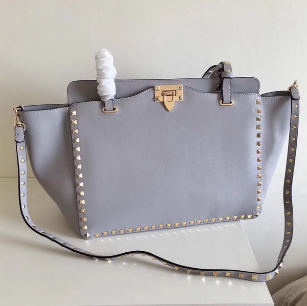 Valentino Garavani Rockstud Medium Trapeze Tote in Light Blue Smooth Calfskin with Gold Hardwares Replica