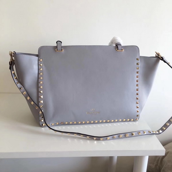 Valentino Garavani Rockstud Medium Trapeze Tote in Light Blue Smooth Calfskin with Gold Hardwares Replica