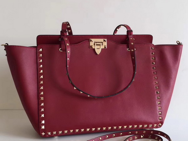 Valentino Garavani Rockstud Medium Trapeze Tote in Red Smooth Calfskin with Gold Hardwares Replica