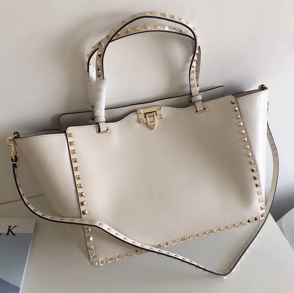 Valentino Garavani Rockstud Medium Trapeze Tote in White Smooth Calfskin with Gold Hardwares Replica