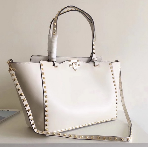 Valentino Garavani Rockstud Medium Trapeze Tote in White Smooth Calfskin with Gold Hardwares Replica