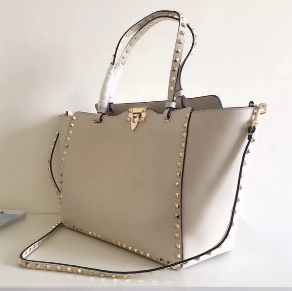 Valentino Garavani Rockstud Medium Trapeze Tote in White Smooth Calfskin with Gold Hardwares Replica