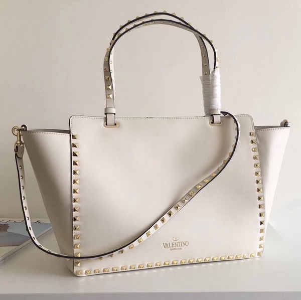 Valentino Garavani Rockstud Medium Trapeze Tote in White Smooth Calfskin with Gold Hardwares Replica