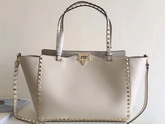 Valentino Garavani Rockstud Medium Trapeze Tote in White Smooth Calfskin with Gold Hardwares Replica