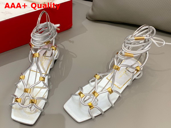 Valentino Garavani Rockstud Net Mirror Effect Synthetic Sandal in Silver Replica