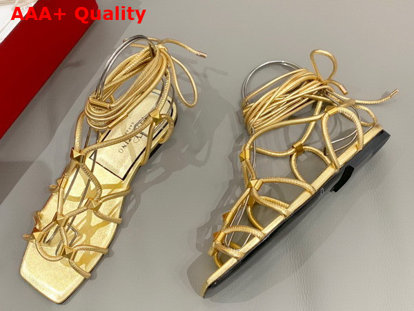 Valentino Garavani Rockstud Net Sandals in Mirror Effect Synthetic Material Antique Brass Effect Studs Replica