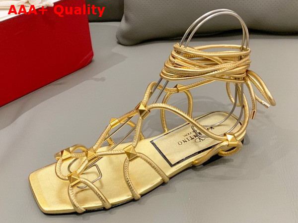 Valentino Garavani Rockstud Net Sandals in Mirror Effect Synthetic Material Antique Brass Effect Studs Replica