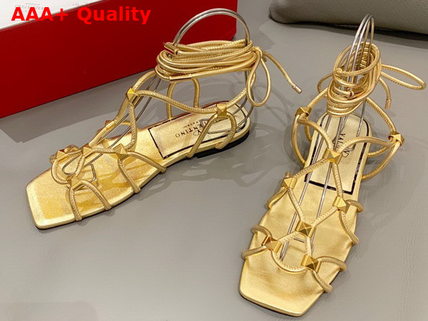 Valentino Garavani Rockstud Net Sandals in Mirror Effect Synthetic Material Antique Brass Effect Studs Replica