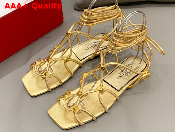 Valentino Garavani Rockstud Net Sandals in Mirror Effect Synthetic Material Antique Brass Effect Studs Replica