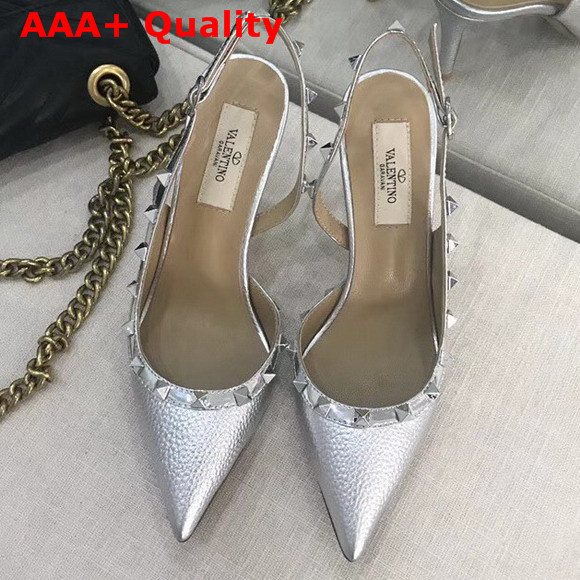 Valentino Garavani Rockstud Slingback Pump in Silver Grained Calfskin Replica