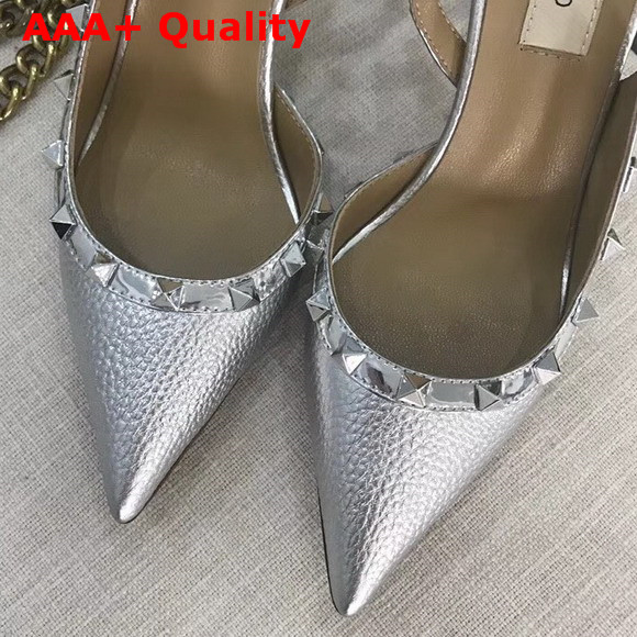 Valentino Garavani Rockstud Slingback Pump in Silver Grained Calfskin Replica