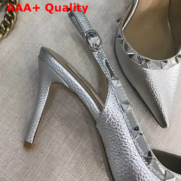 Valentino Garavani Rockstud Slingback Pump in Silver Grained Calfskin Replica