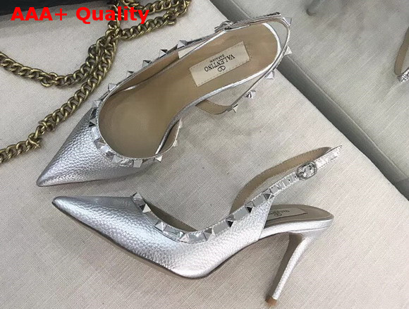 Valentino Garavani Rockstud Slingback Pump in Silver Grained Calfskin Replica