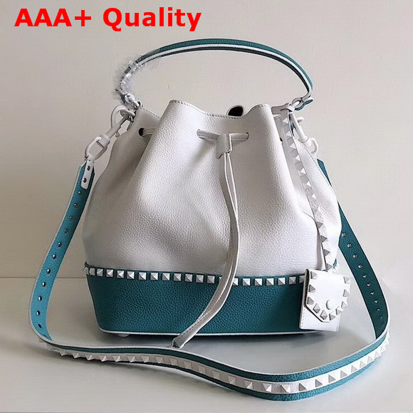 Valentino Garavani Rockstud Small Bucket Bag in Stampa Alce Calfskin White and Baby Blue Replica