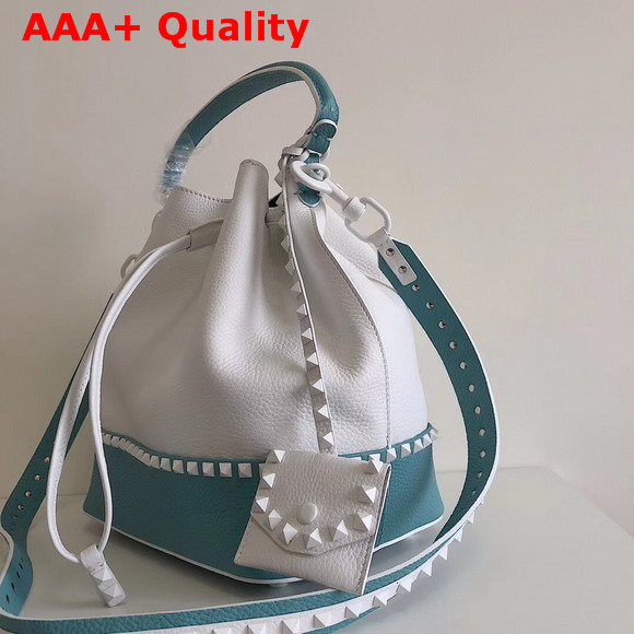 Valentino Garavani Rockstud Small Bucket Bag in Stampa Alce Calfskin White and Baby Blue Replica