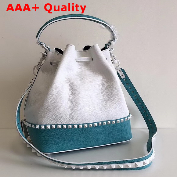 Valentino Garavani Rockstud Small Bucket Bag in Stampa Alce Calfskin White and Baby Blue Replica