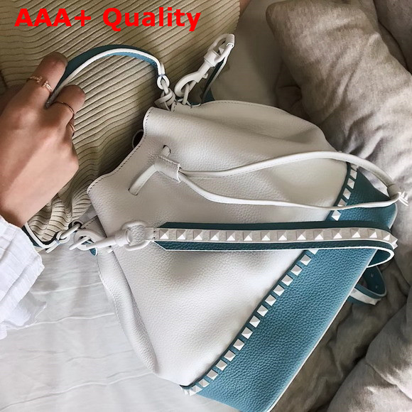 Valentino Garavani Rockstud Small Bucket Bag in Stampa Alce Calfskin White and Baby Blue Replica