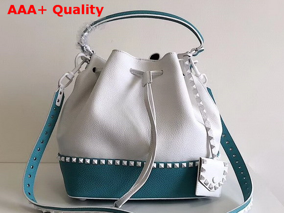 Valentino Garavani Rockstud Small Bucket Bag in Stampa Alce Calfskin White and Baby Blue Replica