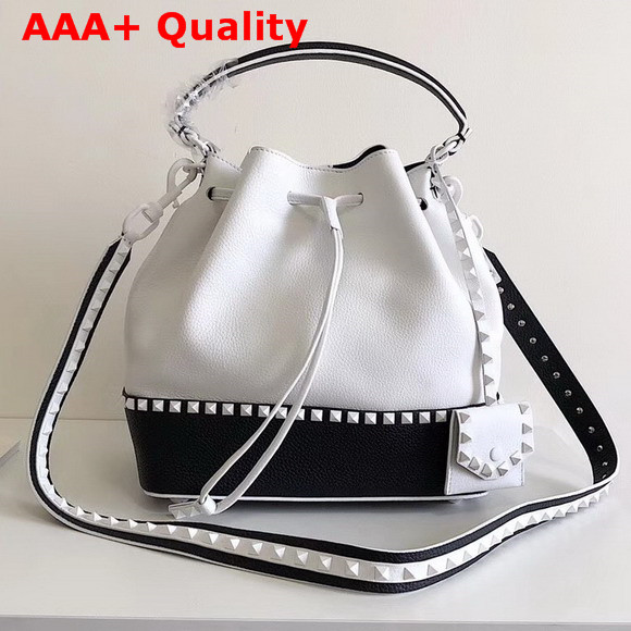 Valentino Garavani Rockstud Small Bucket Bag in White and Black Stampa Alce Calfskin Replica