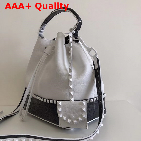 Valentino Garavani Rockstud Small Bucket Bag in White and Black Stampa Alce Calfskin Replica