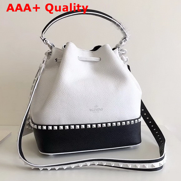 Valentino Garavani Rockstud Small Bucket Bag in White and Black Stampa Alce Calfskin Replica