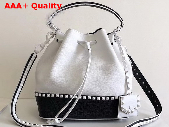 Valentino Garavani Rockstud Small Bucket Bag in White and Black Stampa Alce Calfskin Replica