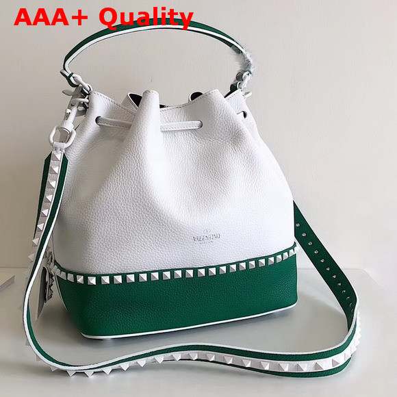 Valentino Garavani Rockstud Small Bucket Bag in White and Green Stampa Alce Calfskin Replica