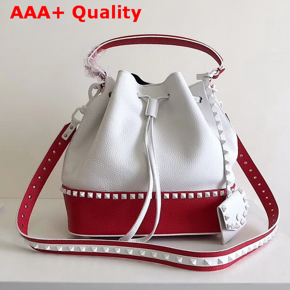 Valentino Garavani Rockstud Small Bucket Bag in White and Red Stampa Alce Calfskin Replica