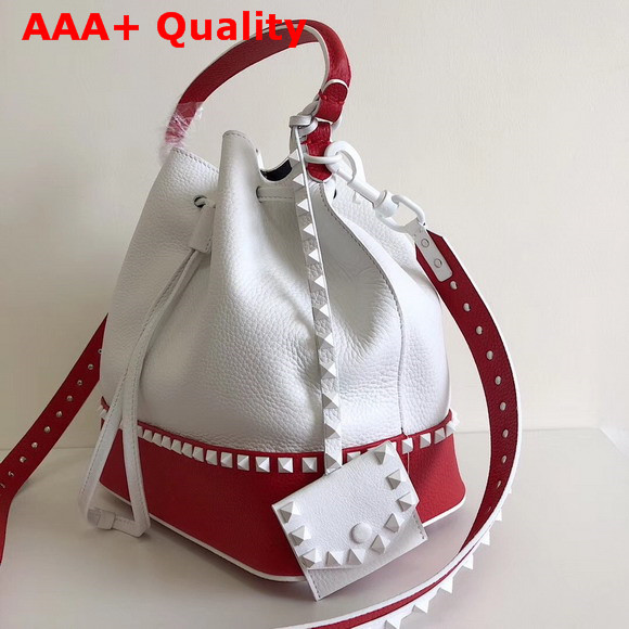 Valentino Garavani Rockstud Small Bucket Bag in White and Red Stampa Alce Calfskin Replica