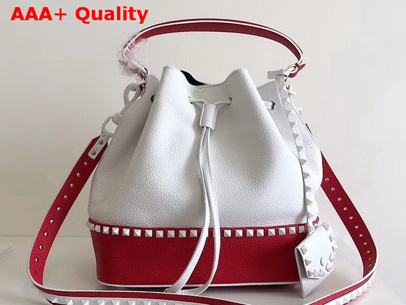 Valentino Garavani Rockstud Small Bucket Bag in White and Red Stampa Alce Calfskin Replica