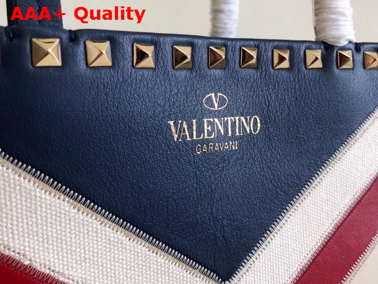 Valentino Garavani Rockstud Small Shopper Bag Canvas and Calfskin Leather Chevron Inlay Blue Replica